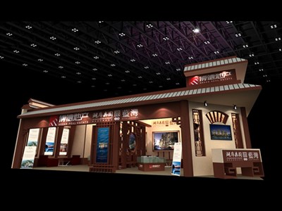 128平米展臺(tái)設(shè)計(jì)制作：二面開口/中式/木質(zhì)結(jié)構(gòu)/咖啡色，為房產(chǎn)展展商而作（免費(fèi)使用）