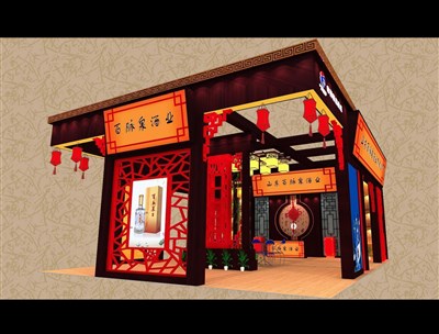 99平米展臺設計制作：三面開口/中式/木質(zhì)結構/紅色，為食品展展商而作（免費使用）