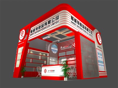 36平米展臺(tái)設(shè)計(jì)制作：一面開口/現(xiàn)代/木質(zhì)結(jié)構(gòu)/紅色，為食品展展商而作（免費(fèi)使用）