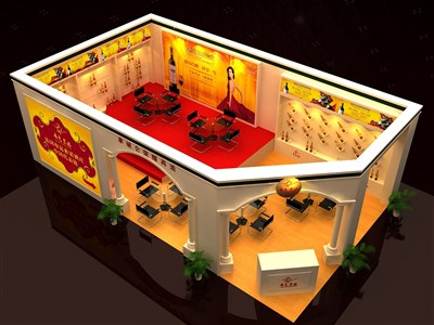 39.8平米展臺設(shè)計制作：三面開口/歐式/木質(zhì)結(jié)構(gòu)/米色，為糖酒展展商而作（免費使用）