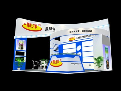 36平米展臺(tái)設(shè)計(jì)制作：三面開口/現(xiàn)代/木質(zhì)結(jié)構(gòu)/藍(lán)色，為食品展展商而作（免費(fèi)使用）