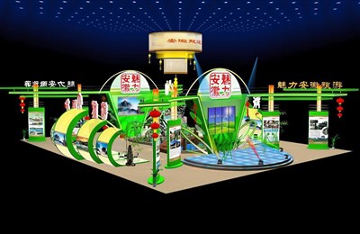 720平米展臺設(shè)計制作：四面開口/前衛(wèi)/型材結(jié)構(gòu)/綠色，為旅游展展商而作（免費使用）