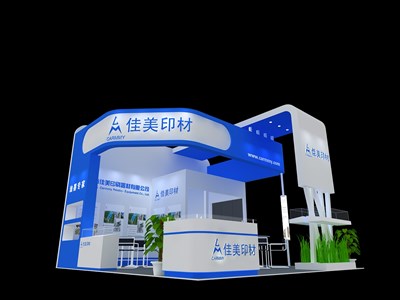 36平米展臺設(shè)計制作：三面開口/現(xiàn)代/木質(zhì)結(jié)構(gòu)/藍(lán)色，為廣告展展商而作（免費使用）