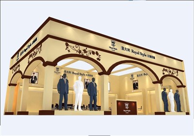 96平米展臺(tái)設(shè)計(jì)制作：二面開(kāi)口/歐式/木質(zhì)結(jié)構(gòu)/米色，為服裝展展商而作（免費(fèi)使用）