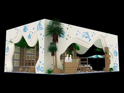 108平米展臺設(shè)計制作：三面開口/現(xiàn)代/木質(zhì)結(jié)構(gòu)/白色，為廣告展展商而作（免費使用）
