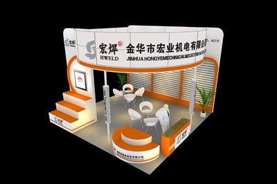36平米展臺設(shè)計制作：三面開口/現(xiàn)代/木質(zhì)結(jié)構(gòu)/黃色，為工具展展商而作（免費使用）