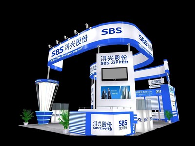 54平米展臺(tái)設(shè)計(jì)制作：三面開口/現(xiàn)代/木質(zhì)結(jié)構(gòu)/藍(lán)色，為服裝展展商而作（免費(fèi)使用）
