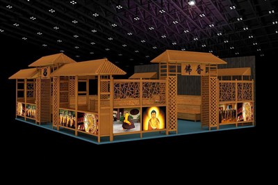 67.5平米展臺設(shè)計制作：四面開口/中式/木質(zhì)結(jié)構(gòu)/咖啡色，為旅游展展商而作（免費使用）