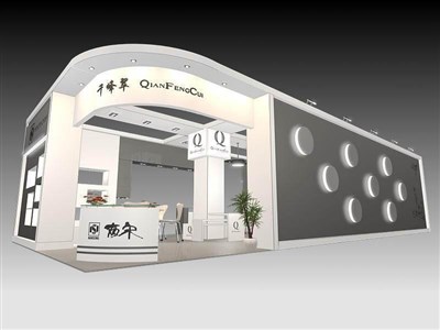 90平米展臺設(shè)計制作：二面開口/現(xiàn)代/木質(zhì)結(jié)構(gòu)/灰色，為工藝品展展商而作（免費使用）