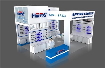 42平米展臺設(shè)計(jì)制作：三面開口/現(xiàn)代/木質(zhì)結(jié)構(gòu)/白色，為工具展展商而作（免費(fèi)使用）
