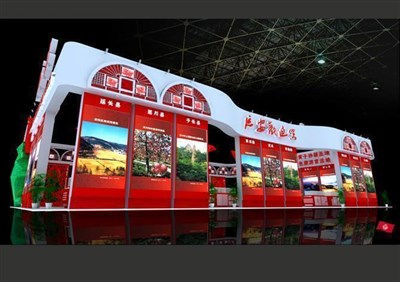 249.8平米展臺設(shè)計制作：四面開口/現(xiàn)代/木質(zhì)結(jié)構(gòu)/紅色，為旅游展展商而作（免費(fèi)使用）