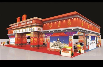 298.2平米展臺設(shè)計制作：四面開口/中式/木質(zhì)結(jié)構(gòu)/紅色，為旅游展展商而作（免費(fèi)使用）