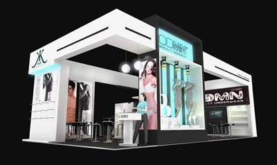 72平米展臺設(shè)計制作：三面開口/現(xiàn)代/木質(zhì)結(jié)構(gòu)/白色，為服裝展展商而作（免費使用）