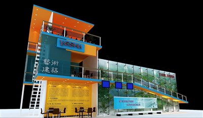 132平米展臺設(shè)計制作：三面開口/現(xiàn)代/雙層結(jié)構(gòu)/綠色，為綜合展展商而作（免費使用）