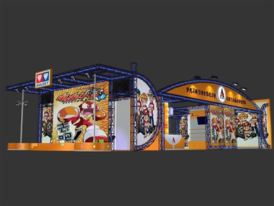 189平米展臺設計制作：三面開口/現(xiàn)代/桁架結構/橙色，為游戲展展商而作（免費使用）