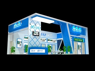 96平米展臺(tái)設(shè)計(jì)制作：三面開口/現(xiàn)代/木質(zhì)結(jié)構(gòu)/藍(lán)色，為建材展展商而作（免費(fèi)使用）