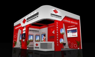 60平米展臺(tái)設(shè)計(jì)制作：二面開(kāi)口/現(xiàn)代/木質(zhì)結(jié)構(gòu)/紅色，為建材展展商而作（免費(fèi)使用）