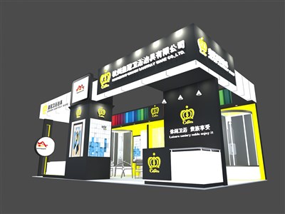 32平米展臺(tái)設(shè)計(jì)制作：三面開口/現(xiàn)代/木質(zhì)結(jié)構(gòu)/黑色，為衛(wèi)浴展展商而作（免費(fèi)使用）