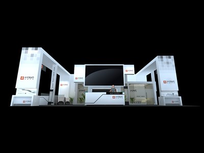 117平米展臺設(shè)計(jì)制作：三面開口/現(xiàn)代/木質(zhì)結(jié)構(gòu)/白色，為能源展展商而作（免費(fèi)使用）