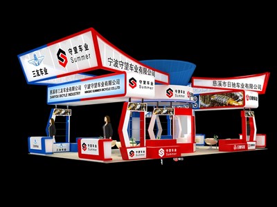 78平米展臺設(shè)計制作：四面開口/現(xiàn)代/木質(zhì)結(jié)構(gòu)/彩色，為單/摩托車展商而作（免費使用）