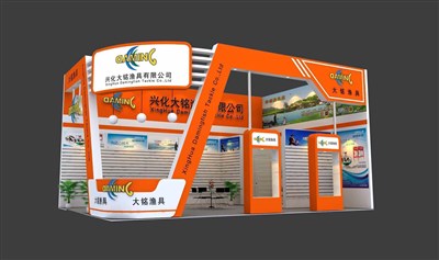 54平米展臺設(shè)計制作：二面開口/現(xiàn)代/木質(zhì)結(jié)構(gòu)/橙色，為釣具展展商而作（免費使用）