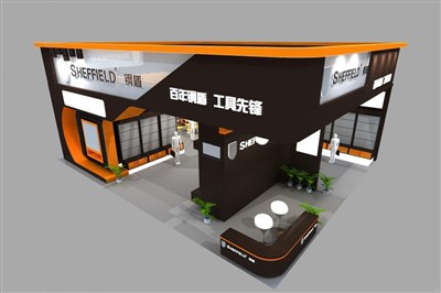 120平米展臺設(shè)計制作：二面開口/現(xiàn)代/木質(zhì)結(jié)構(gòu)/黑色，為工具展展商而作（免費(fèi)使用）