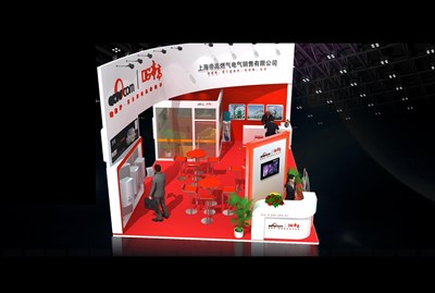 54平米展臺(tái)設(shè)計(jì)制作：二面開口/現(xiàn)代/木質(zhì)結(jié)構(gòu)/白色，為家電展展商而作（免費(fèi)使用）
