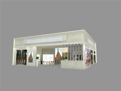 144平米展臺(tái)設(shè)計(jì)制作：二面開(kāi)口/歐式/木質(zhì)結(jié)構(gòu)/灰色，為建材展展商而作（免費(fèi)使用）