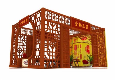 54平米展臺(tái)設(shè)計(jì)制作：三面開口/中式/木質(zhì)結(jié)構(gòu)/紅色，為樂器展展商而作（免費(fèi)使用）