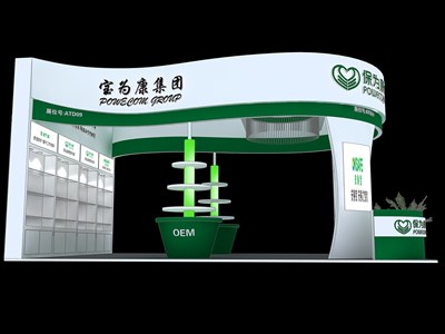 54平米展臺設計制作：三面開口/現(xiàn)代/木質結構/綠色，為戶外展展商而作（免費使用）