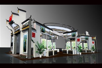 210平米展臺設計制作：四面開口/中式/木質(zhì)結(jié)構(gòu)/白色，為農(nóng)交會展商而作（免費使用）