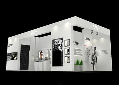 72平米展臺設計制作：二面開口/現(xiàn)代/木質結構/米色，為鞋箱包展展商而作（免費使用）