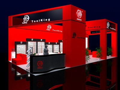 72平米展臺設(shè)計制作：三面開口/現(xiàn)代/木質(zhì)結(jié)構(gòu)/紅色，為五金展展商而作（免費使用）