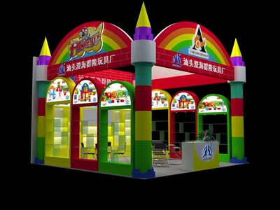 36平米展臺(tái)設(shè)計(jì)制作：一面開口/卡通/木質(zhì)結(jié)構(gòu)/彩色，為玩具展展商而作（免費(fèi)使用）