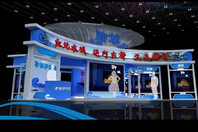 180平米展臺(tái)設(shè)計(jì)制作：三面開口/前衛(wèi)/木質(zhì)結(jié)構(gòu)/藍(lán)色，為文博會(huì)展商而作（免費(fèi)使用）