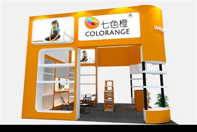36平米展臺(tái)設(shè)計(jì)制作：三面開口/現(xiàn)代/木質(zhì)結(jié)構(gòu)/橙色，為玩具展展商而作（免費(fèi)使用）