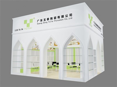 36平米展臺(tái)設(shè)計(jì)制作：二面開口/現(xiàn)代/木質(zhì)結(jié)構(gòu)/白色，為日用品展展商而作（免費(fèi)使用）
