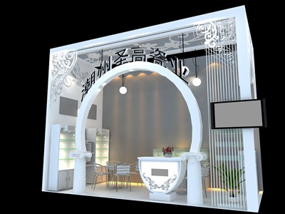 18平米展臺設(shè)計制作：一面開口/現(xiàn)代/木質(zhì)結(jié)構(gòu)/白色，為日用品展展商而作（免費使用）