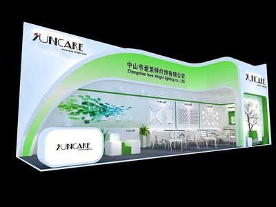 36平米展臺(tái)設(shè)計(jì)制作：二面開口/現(xiàn)代/木質(zhì)結(jié)構(gòu)/綠色，為照明展展商而作（免費(fèi)使用）
