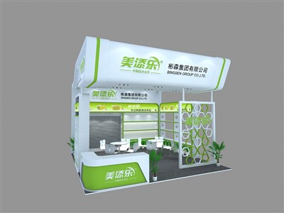 36平米展臺設(shè)計制作：一面開口/現(xiàn)代/木質(zhì)結(jié)構(gòu)/綠色，為日用品展展商而作（免費使用）