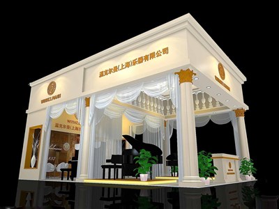 54平米展臺設(shè)計(jì)制作：三面開口/歐式/木質(zhì)結(jié)構(gòu)/米色，為樂器展展商而作（免費(fèi)使用）