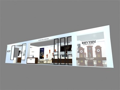 120平米展臺(tái)設(shè)計(jì)制作：三面開口/現(xiàn)代/木質(zhì)結(jié)構(gòu)/白色，為鐘表展展商而作（免費(fèi)使用）
