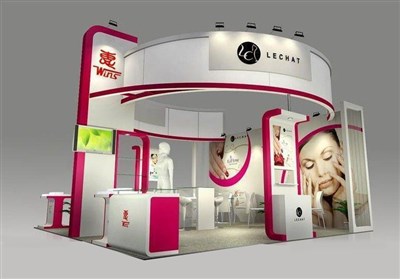 36平米展臺設(shè)計制作：三面開口/現(xiàn)代/木質(zhì)結(jié)構(gòu)/粉色，為美博會展商而作（免費使用）