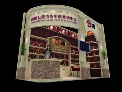 18平米展臺(tái)設(shè)計(jì)制作：二面開口/歐式/木質(zhì)結(jié)構(gòu)/米色，為糖酒展展商而作（免費(fèi)使用）