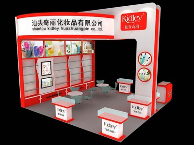 36平米展臺設(shè)計制作：三面開口/現(xiàn)代/木質(zhì)結(jié)構(gòu)/紅色，為美博會展商而作（免費(fèi)使用）