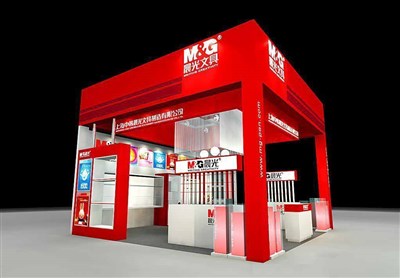 36平米展臺設(shè)計制作：三面開口/現(xiàn)代/木質(zhì)結(jié)構(gòu)/紅色，為文具圖書展展商而作（免費使用）