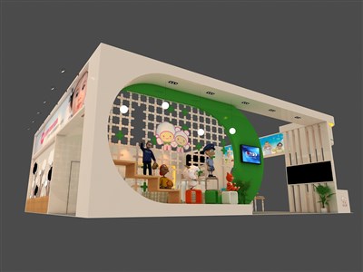 144平米展臺設計制作：四面開口/現(xiàn)代/木質(zhì)結構/米色，為嬰幼展展商而作（免費使用）