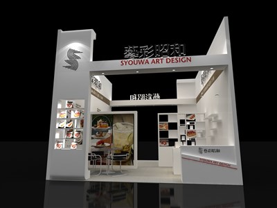 30平米展臺(tái)設(shè)計(jì)制作：二面開口/現(xiàn)代/木質(zhì)結(jié)構(gòu)/白色，為文具圖書展展商而作（免費(fèi)使用）
