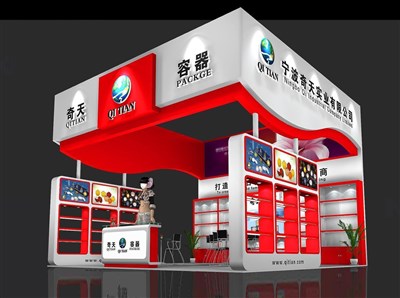 36平米展臺設(shè)計制作：三面開口/現(xiàn)代/木質(zhì)結(jié)構(gòu)/紅色，為美博會展商而作（免費(fèi)使用）