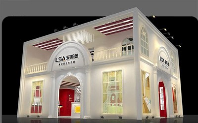 90平米展臺設(shè)計制作：三面開口/現(xiàn)代/木質(zhì)結(jié)構(gòu)/白色，為衛(wèi)浴展展商而作（免費使用）